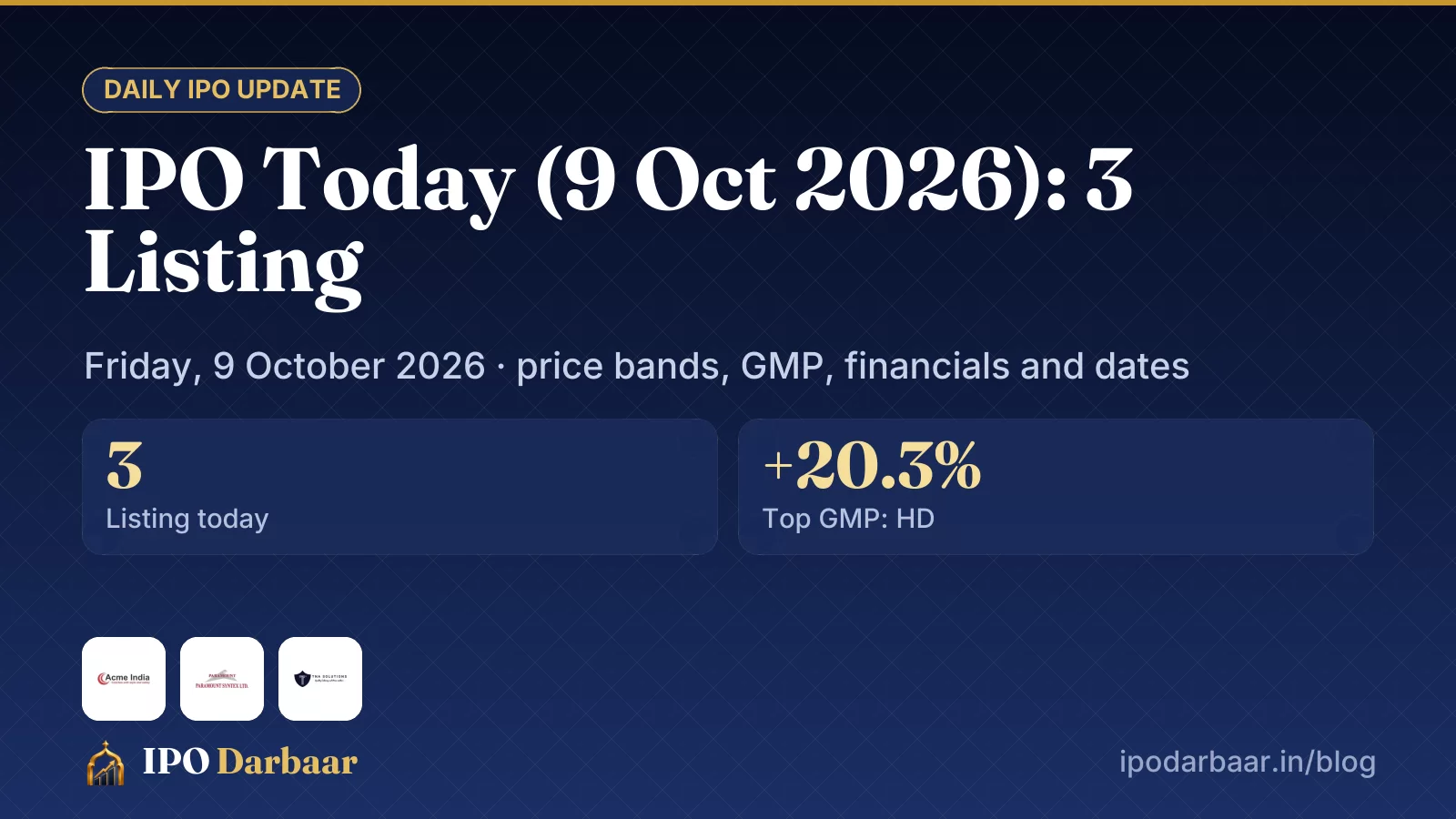 IPO today 9 Oct 2026: IPO Today (9 Oct 2026): 3 Listing